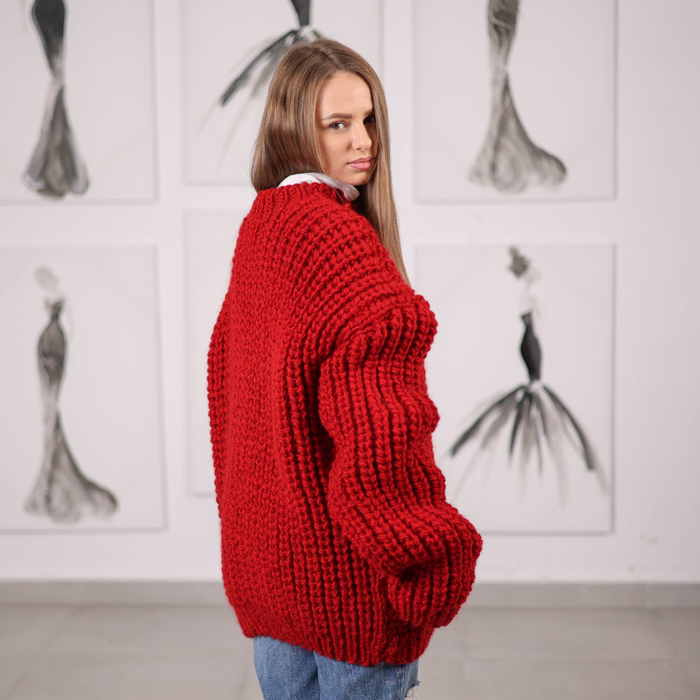 Red Wool Turtleneck Sweater, Hand Knitted English Rib Jumper, Chunky Winter Knitwear T2065