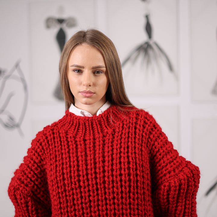Red Wool Turtleneck Sweater, Hand Knitted English Rib Jumper, Chunky Winter Knitwear T2065