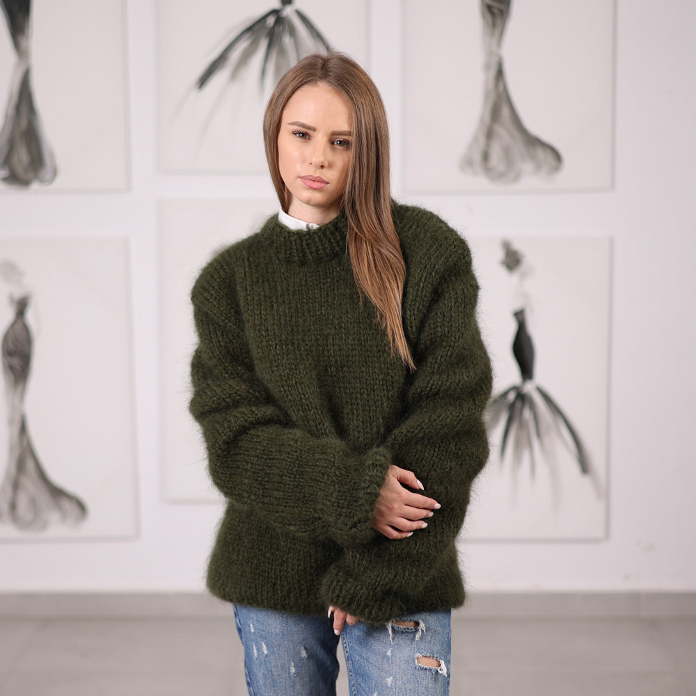 Green Mohair Sweater with Ribbed Knit Structure, Hand Knitted Pullover T2062