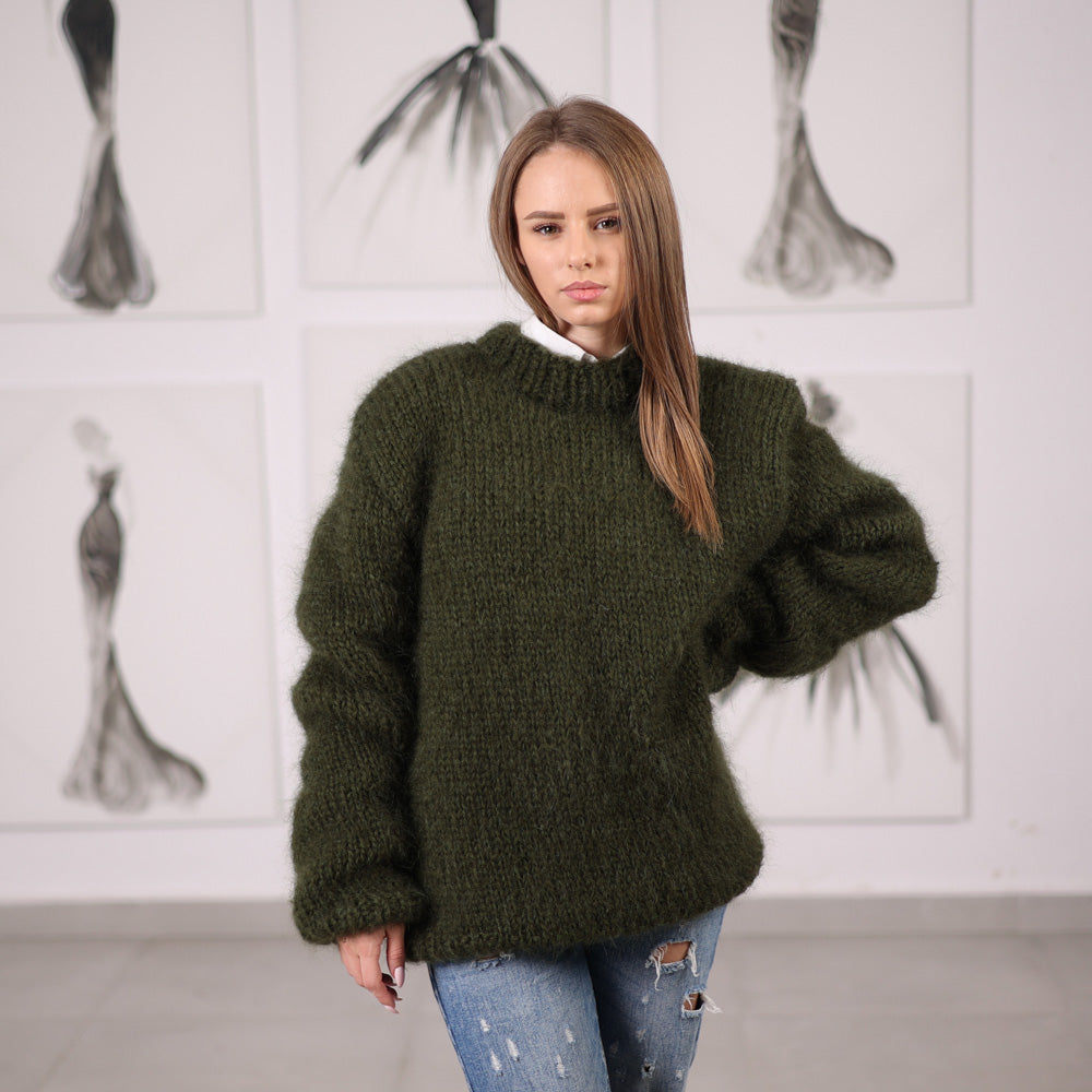 Green Mohair Sweater with Ribbed Knit Structure, Hand Knitted Pullover T2062