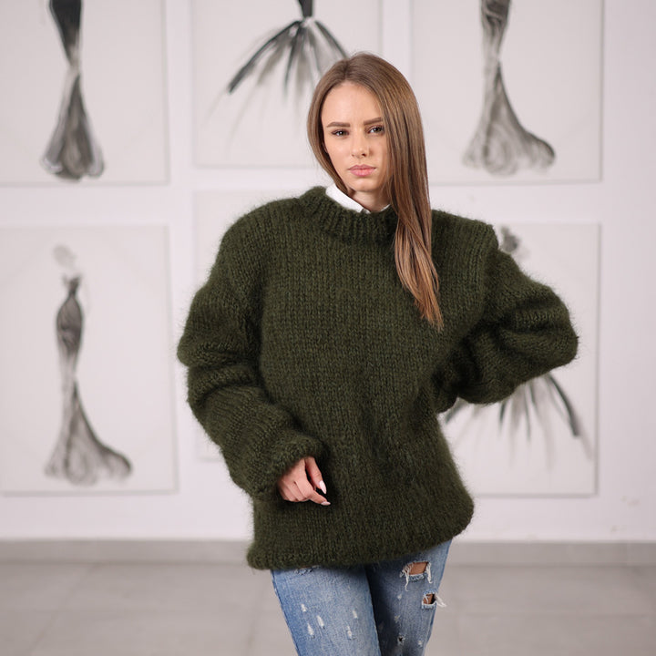 Green Mohair Sweater with Ribbed Knit Structure, Hand Knitted Pullover T2062