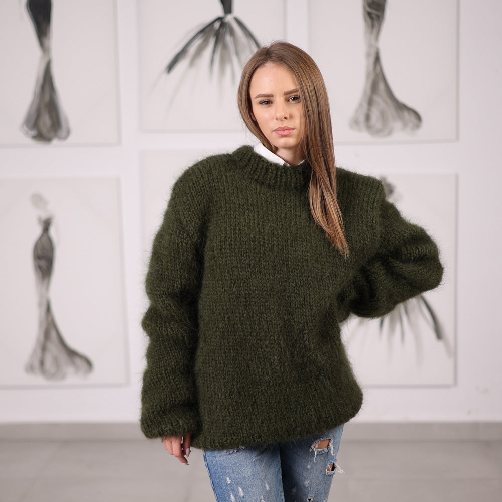 Green Mohair Sweater with Ribbed Knit Structure, Hand Knitted Pullover T2062
