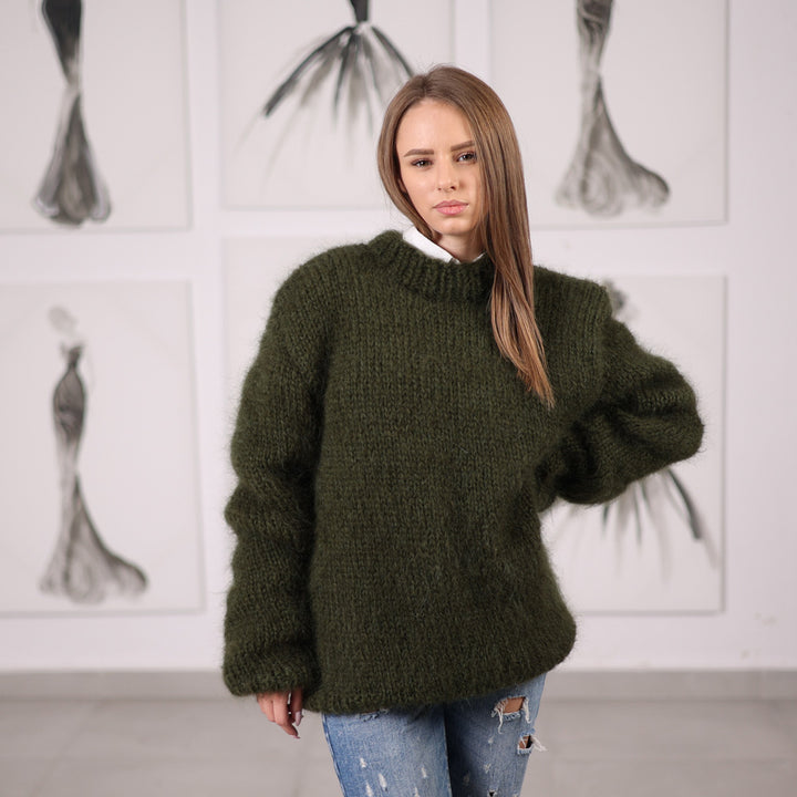 Green Mohair Sweater with Ribbed Knit Structure, Hand Knitted Pullover T2062