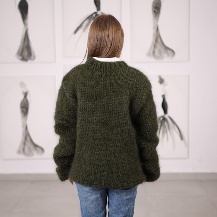 Green Mohair Sweater with Ribbed Knit Structure, Hand Knitted Pullover T2062