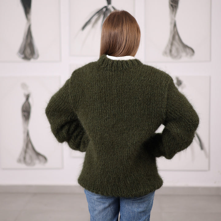 Green Mohair Sweater with Ribbed Knit Structure, Hand Knitted Pullover T2062