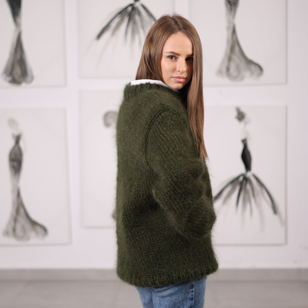 Green Mohair Sweater with Ribbed Knit Structure, Hand Knitted Pullover T2062