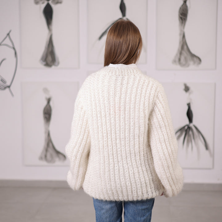 White Mohair Sweater, English Rib Knit, Hand Knitted Soft Pullover, Natural Mohair Yarn, T2063