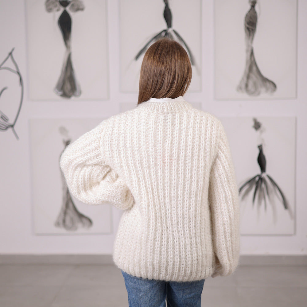 White Mohair Sweater, English Rib Knit, Hand Knitted Soft Pullover, Natural Mohair Yarn, T2063