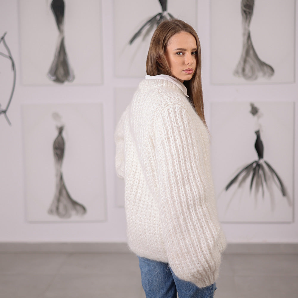 White Mohair Sweater, English Rib Knit, Hand Knitted Soft Pullover, Natural Mohair Yarn, T2063