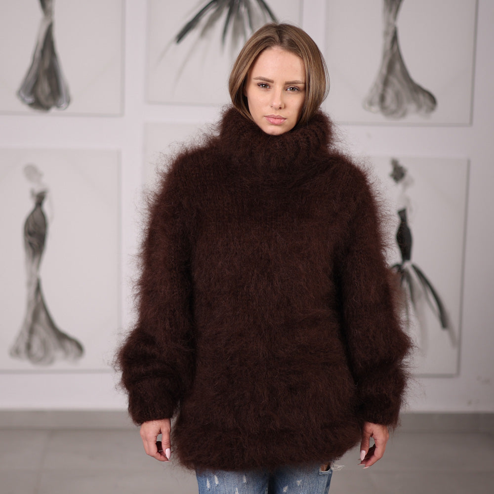 Fluffy Brown Mohair Sweater Hand Knitted Hairy Oversized Winter Pullover with Turtleneck T2061