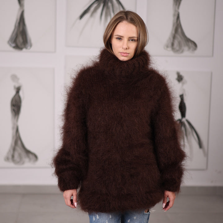 Fluffy Brown Mohair Sweater Hand Knitted Hairy Oversized Winter Pullover with Turtleneck T2061