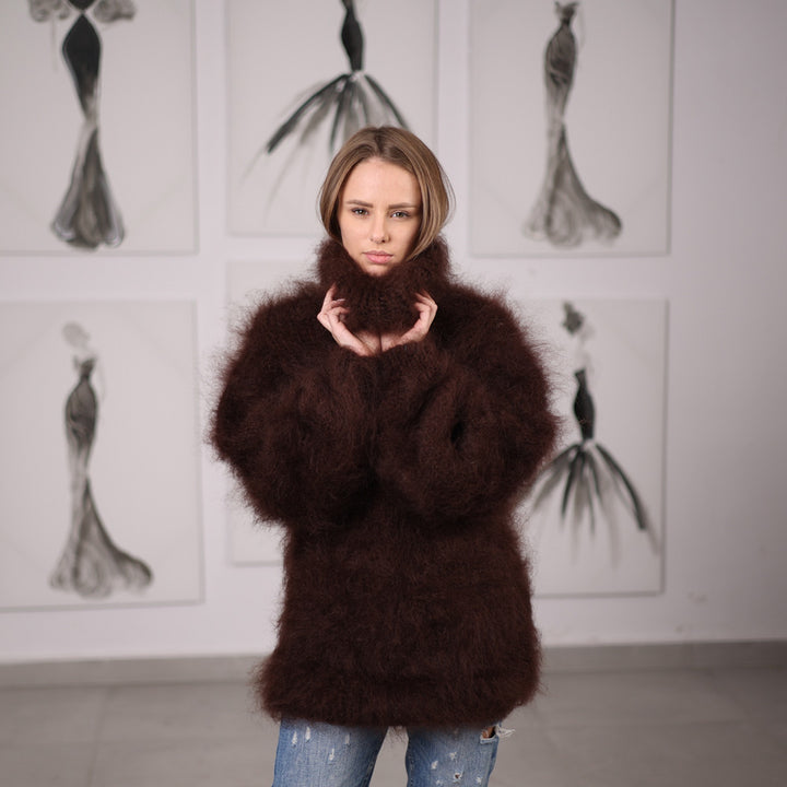 Fluffy Brown Mohair Sweater Hand Knitted Hairy Oversized Winter Pullover with Turtleneck T2061