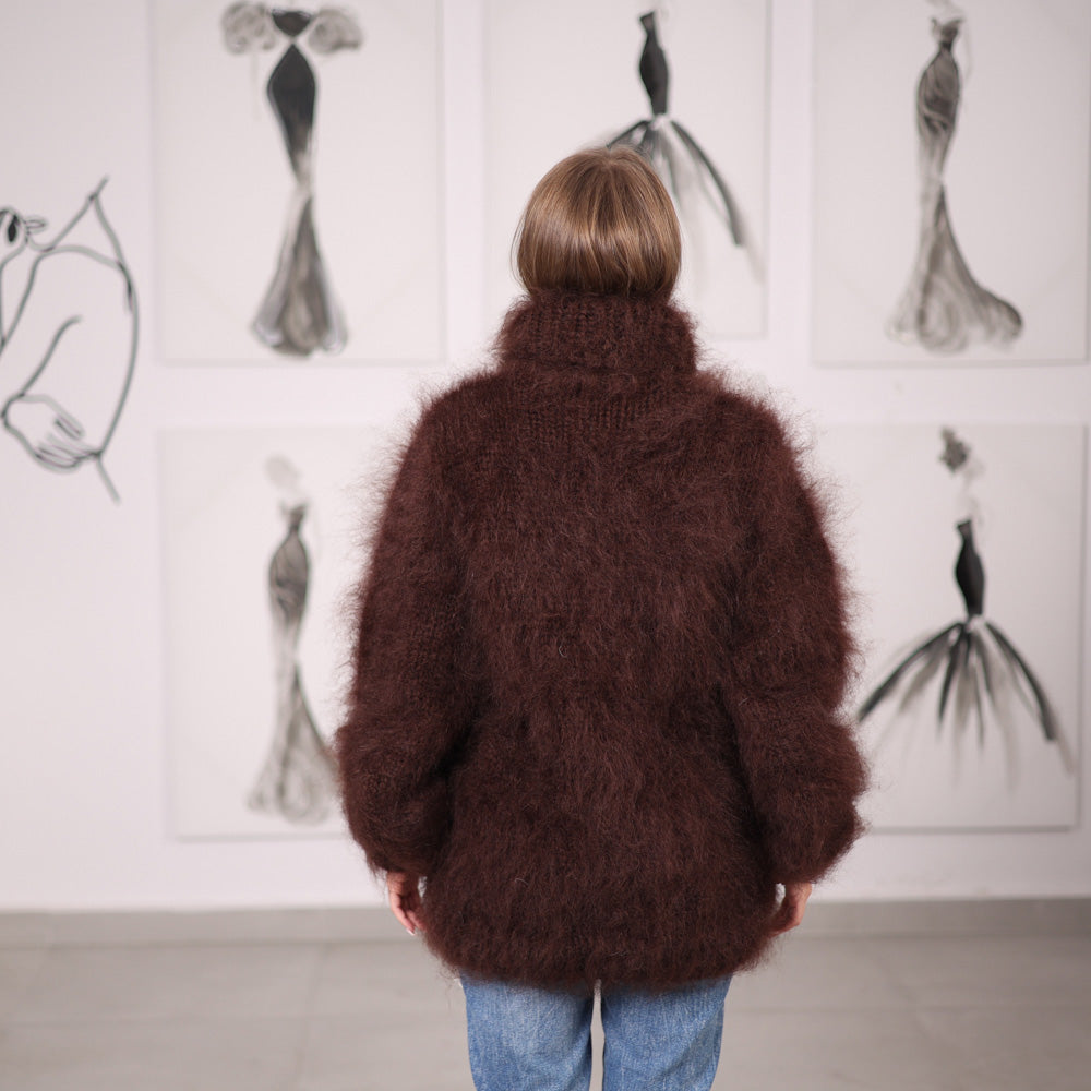 Fluffy Brown Mohair Sweater Hand Knitted Hairy Oversized Winter Pullover with Turtleneck T2061
