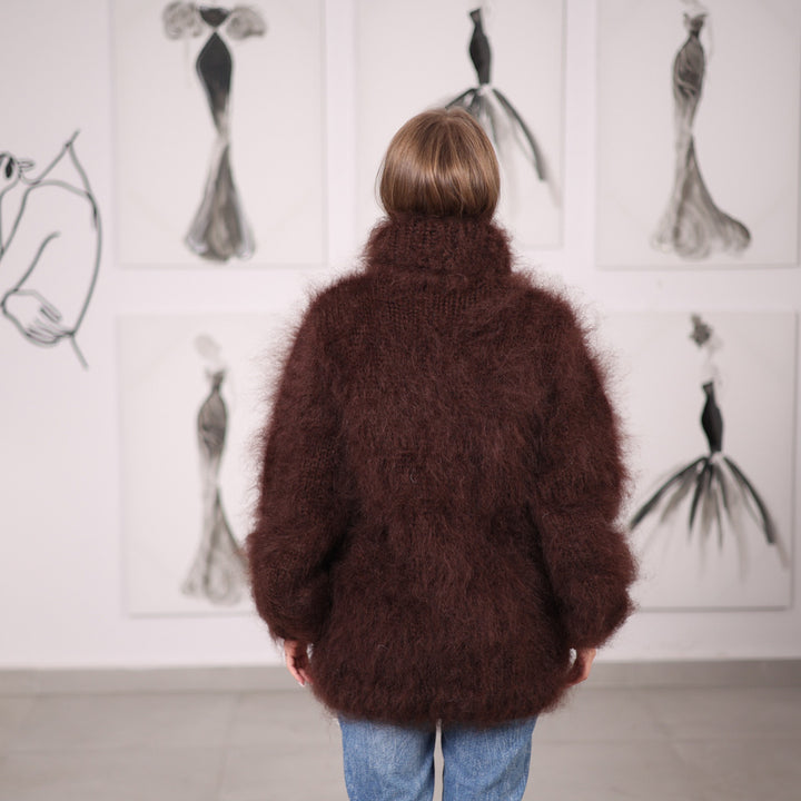 Fluffy Brown Mohair Sweater Hand Knitted Hairy Oversized Winter Pullover with Turtleneck T2061