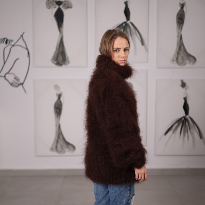 Fluffy Brown Mohair Sweater Hand Knitted Hairy Oversized Winter Pullover with Turtleneck T2061