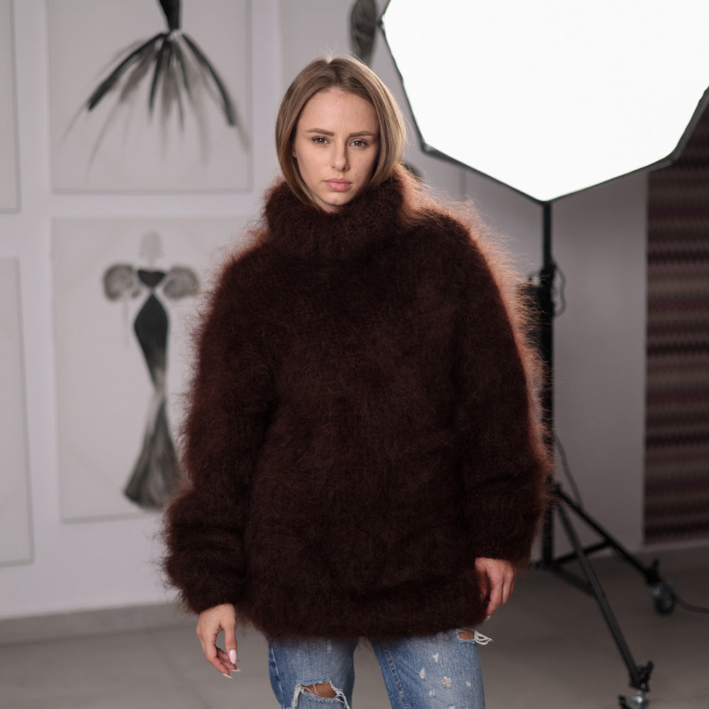 Fluffy Brown Mohair Sweater Hand Knitted Hairy Oversized Winter Pullover with Turtleneck T2061