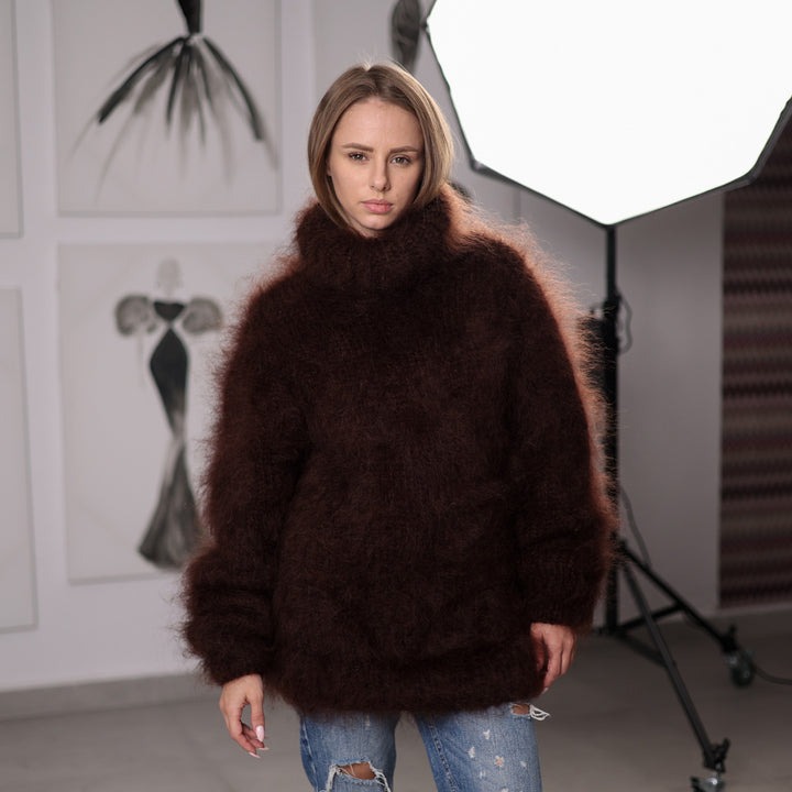 Fluffy Brown Mohair Sweater Hand Knitted Hairy Oversized Winter Pullover with Turtleneck T2061