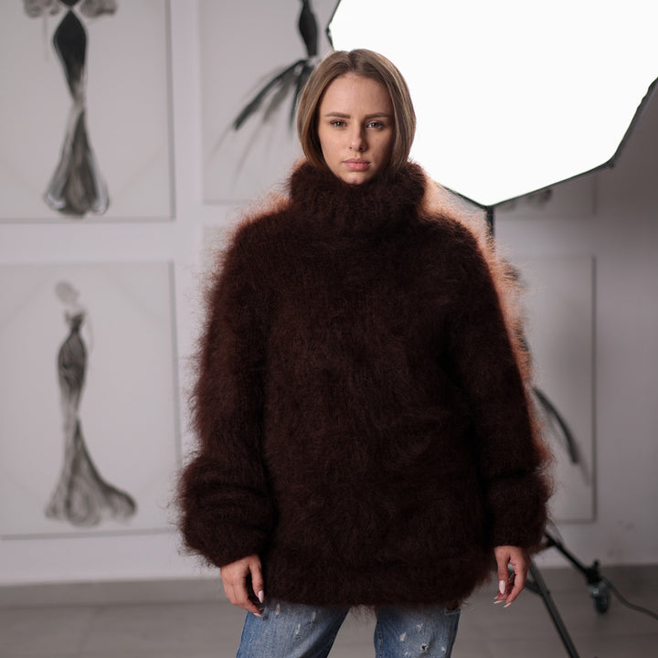 Fluffy Brown Mohair Sweater Hand Knitted Hairy Oversized Winter Pullover with Turtleneck T2061