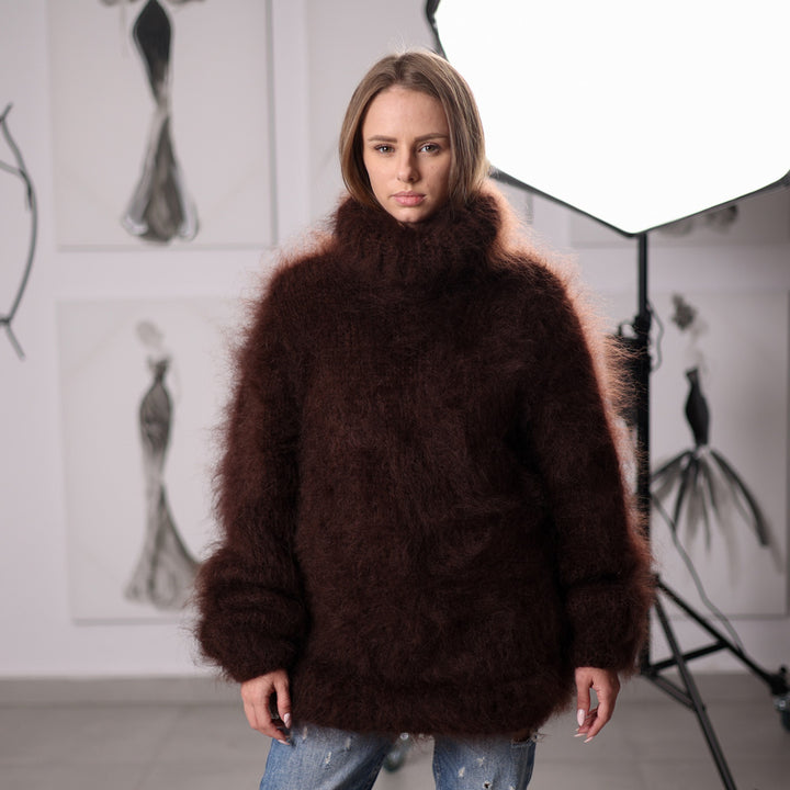 Fluffy Brown Mohair Sweater Hand Knitted Hairy Oversized Winter Pullover with Turtleneck T2061