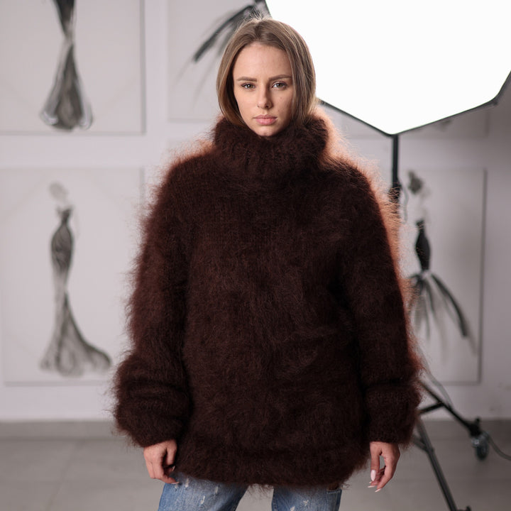 Fluffy Brown Mohair Sweater Hand Knitted Hairy Oversized Winter Pullover with Turtleneck T2061