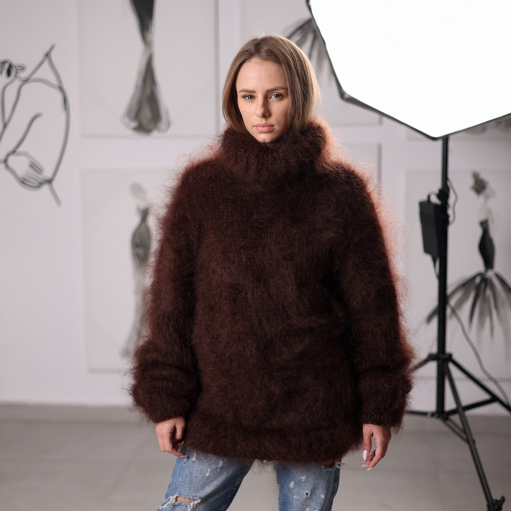 Fluffy Brown Mohair Sweater Hand Knitted Hairy Oversized Winter Pullover with Turtleneck T2061