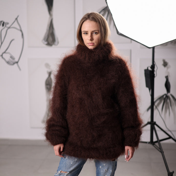 Fluffy Brown Mohair Sweater Hand Knitted Hairy Oversized Winter Pullover with Turtleneck T2061