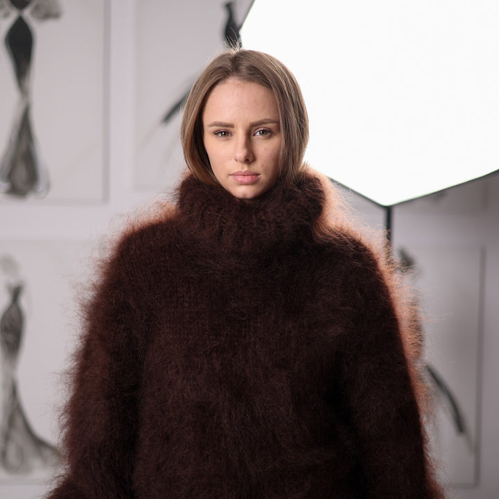 Fluffy Brown Mohair Sweater Hand Knitted Hairy Oversized Winter Pullover with Turtleneck T2061