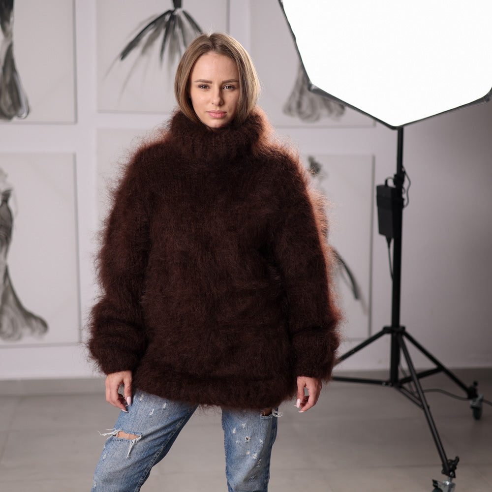 Fluffy Brown Mohair Sweater Hand Knitted Hairy Oversized Winter Pullover with Turtleneck T2061