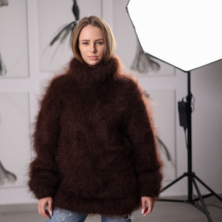 Fluffy Brown Mohair Sweater Hand Knitted Hairy Oversized Winter Pullover with Turtleneck T2061
