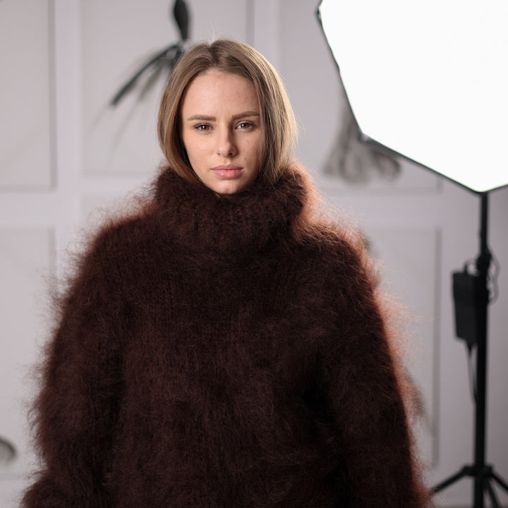 Fluffy Brown Mohair Sweater Hand Knitted Hairy Oversized Winter Pullover with Turtleneck T2061