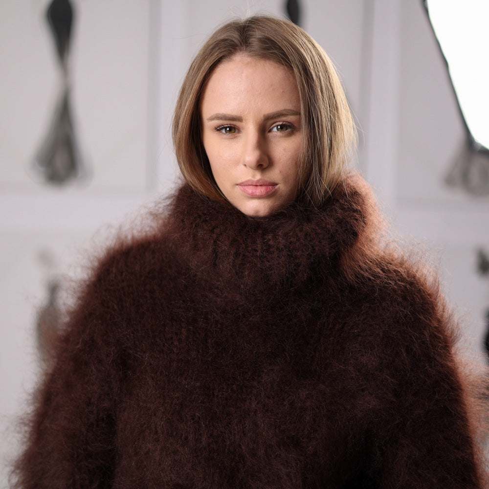 Fluffy Brown Mohair Sweater Hand Knitted Hairy Oversized Winter Pullover with Turtleneck T2061