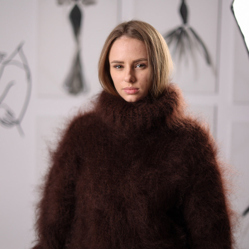 Fluffy Brown Mohair Sweater Hand Knitted Hairy Oversized Winter Pullover with Turtleneck T2061