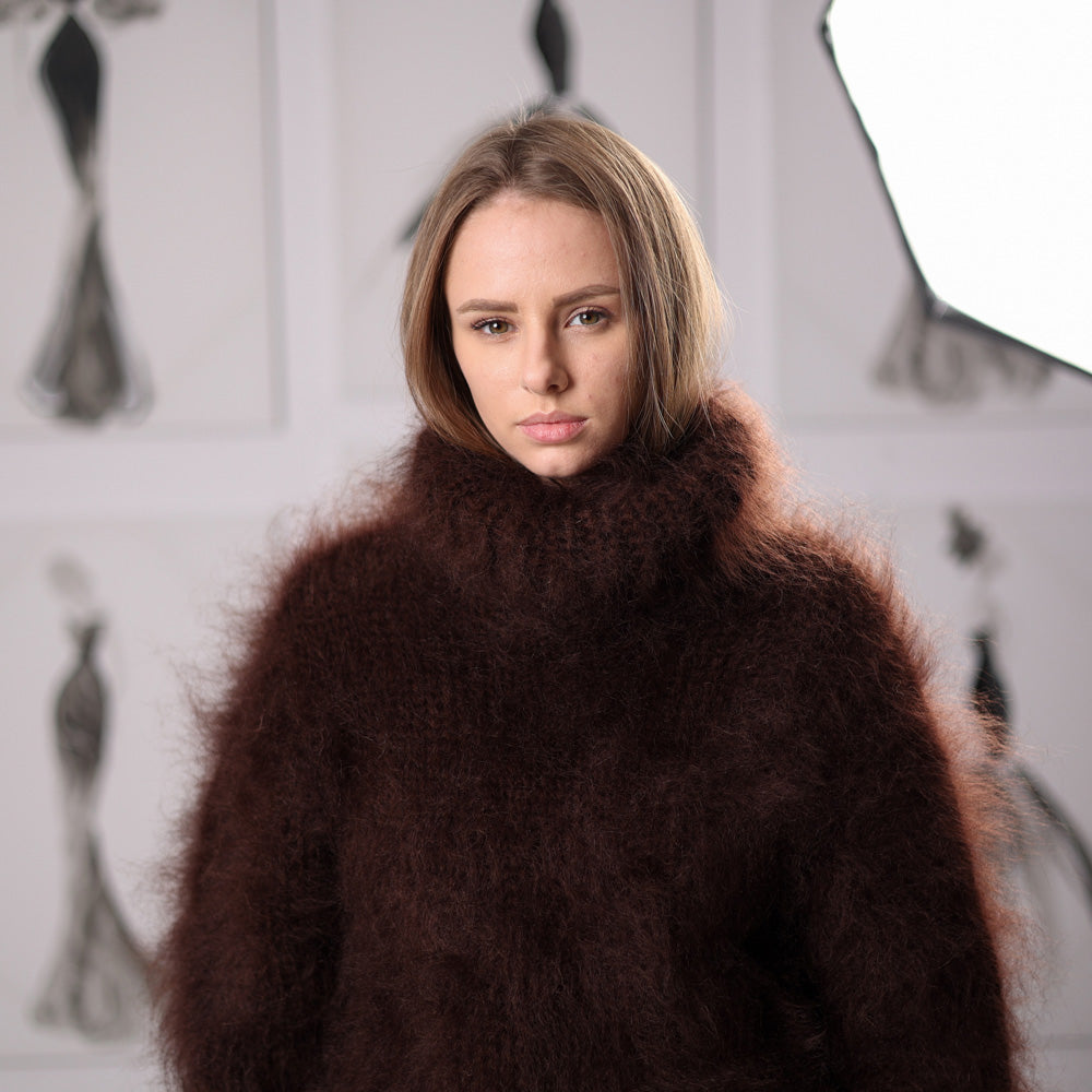Fluffy Brown Mohair Sweater Hand Knitted Hairy Oversized Winter Pullover with Turtleneck T2061