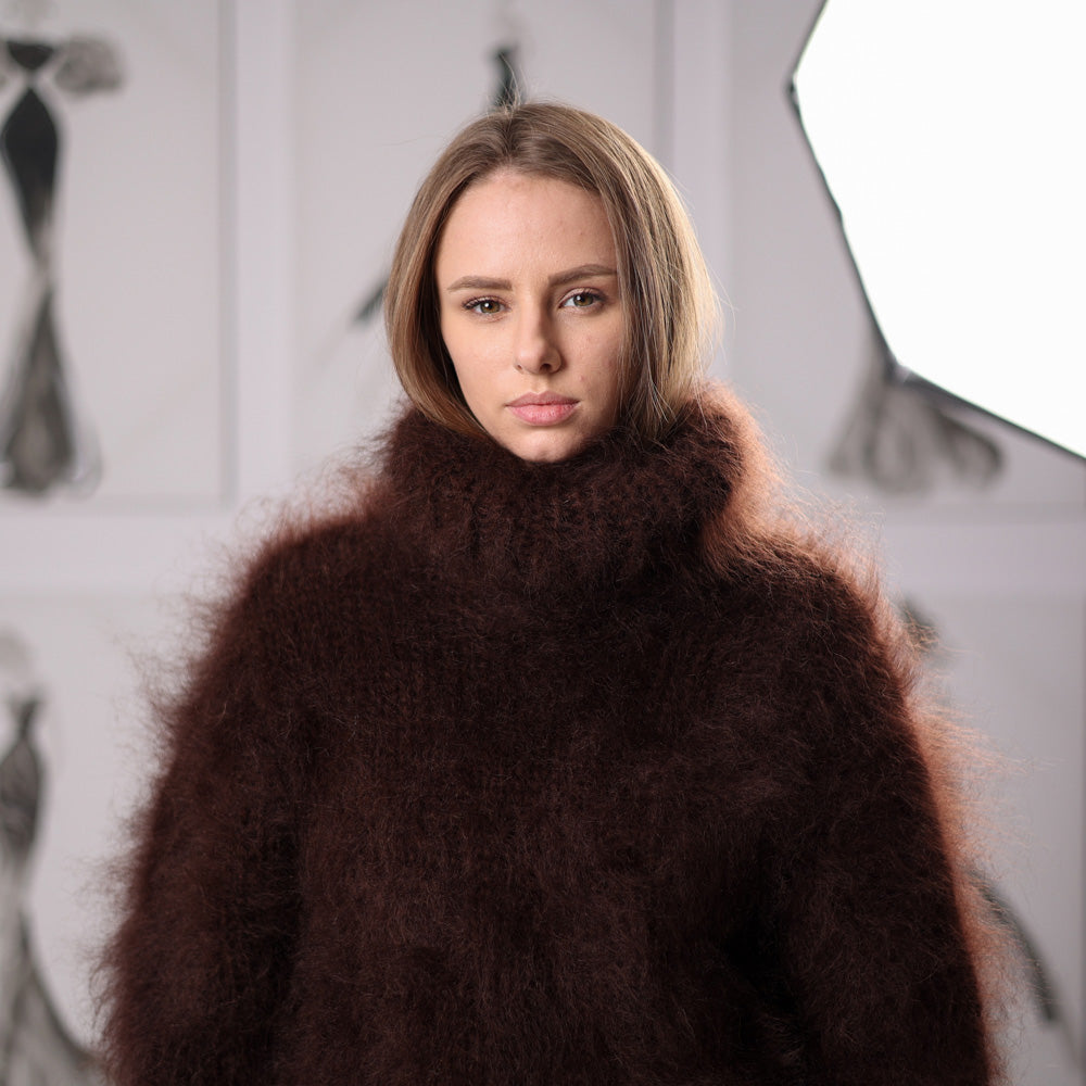 Fluffy Brown Mohair Sweater Hand Knitted Hairy Oversized Winter Pullover with Turtleneck T2061