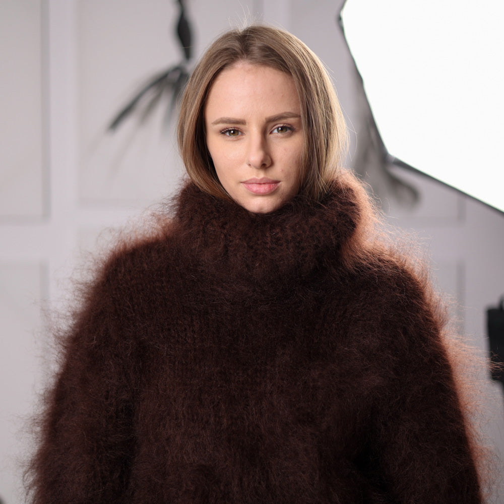 Fluffy Brown Mohair Sweater Hand Knitted Hairy Oversized Winter Pullover with Turtleneck T2061