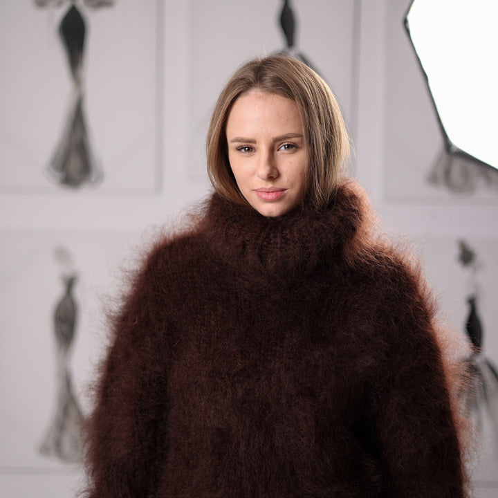 Fluffy Brown Mohair Sweater Hand Knitted Hairy Oversized Winter Pullover with Turtleneck T2061