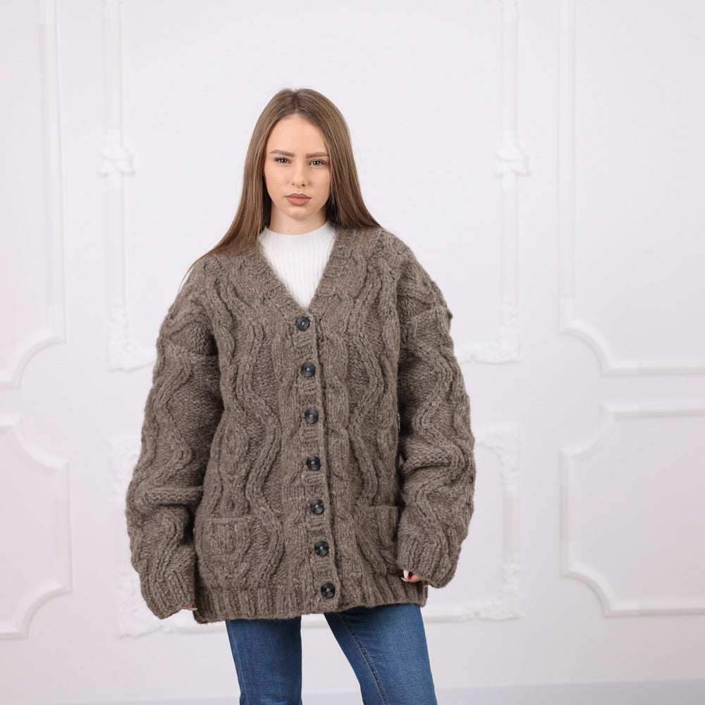 Cable Knit Yak Merino Cardigan, Dense Hand Knitted Texture, Soft Heavy Knit T2076