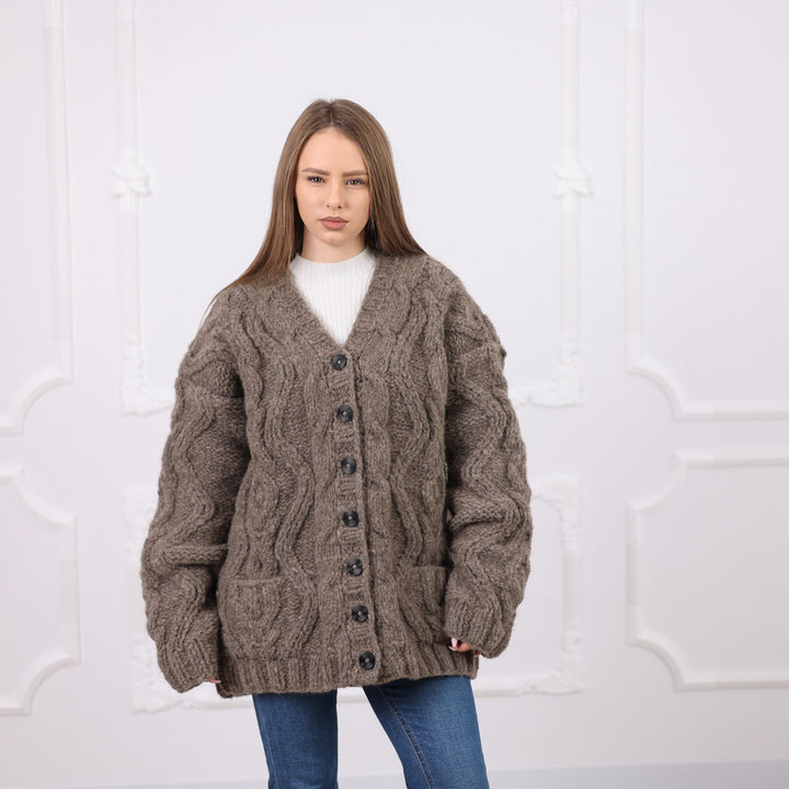 Cable Knit Yak Merino Cardigan, Dense Hand Knitted Texture, Soft Heavy Knit T2076