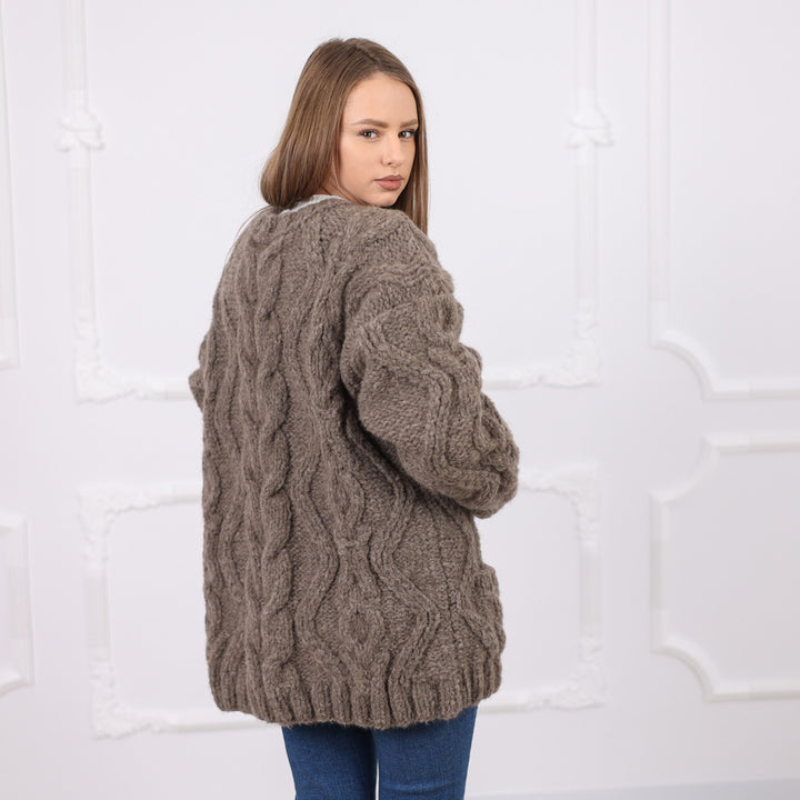 Cable Knit Yak Merino Cardigan, Dense Hand Knitted Texture, Soft Heavy Knit T2076