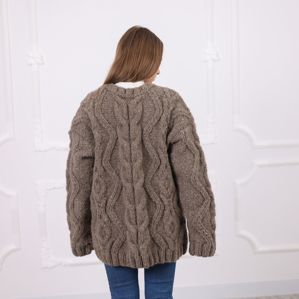 Cable Knit Yak Merino Cardigan, Dense Hand Knitted Texture, Soft Heavy Knit T2076