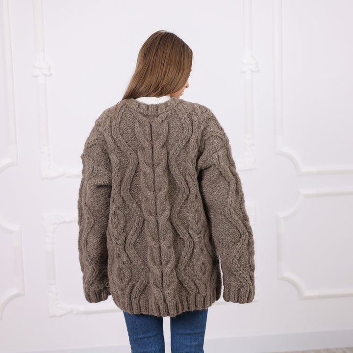 Cable Knit Yak Merino Cardigan, Dense Hand Knitted Texture, Soft Heavy Knit T2076