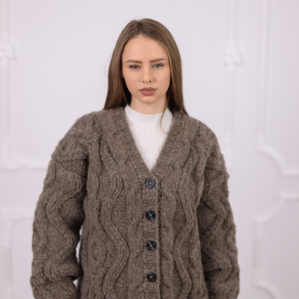 Cable Knit Yak Merino Cardigan, Dense Hand Knitted Texture, Soft Heavy Knit T2076