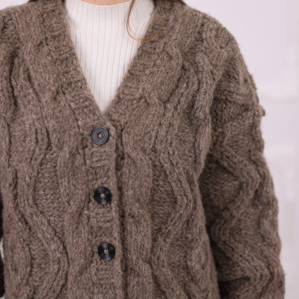 Cable Knit Yak Merino Cardigan, Dense Hand Knitted Texture, Soft Heavy Knit T2076