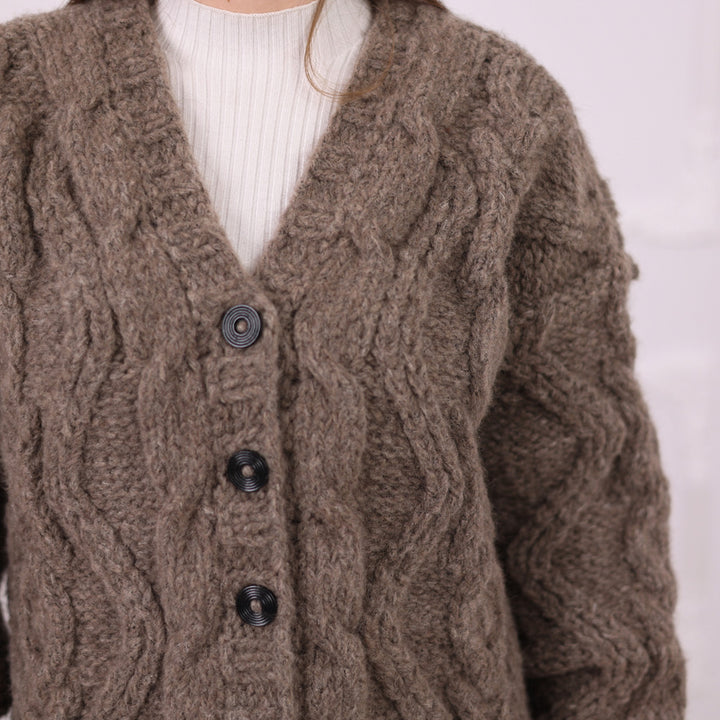 Cable Knit Yak Merino Cardigan, Dense Hand Knitted Texture, Soft Heavy Knit T2076