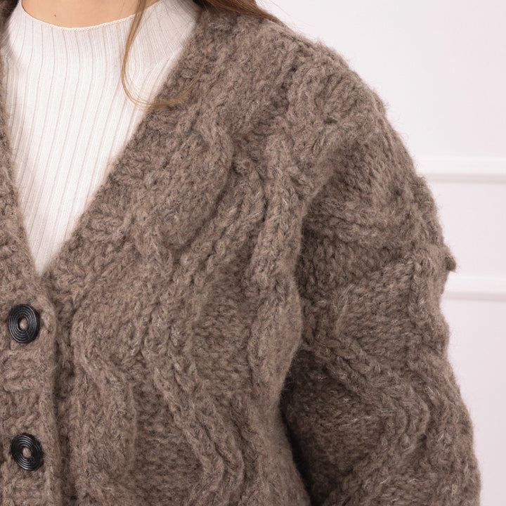 Cable Knit Yak Merino Cardigan, Dense Hand Knitted Texture, Soft Heavy Knit T2076