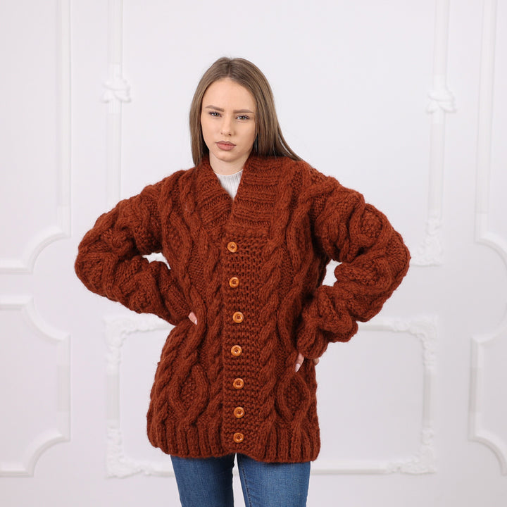 One available in size XL, Brown Alpaca Cable Knit Cardigan, Soft Italian Yarn T2077