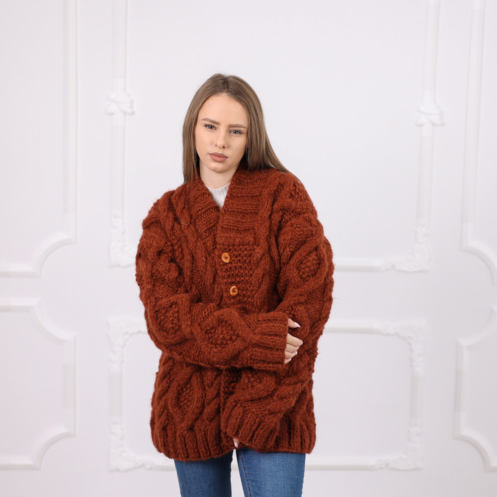Chunky Alpaca Cable Knit Cardigan, Soft Italian Yarn, Wooden Buttons, Cozy Fit T2077