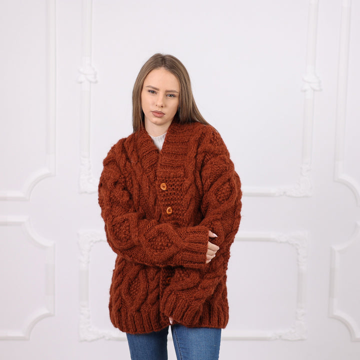 One available in size XL, Brown Alpaca Cable Knit Cardigan, Soft Italian Yarn T2077