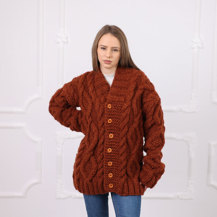 Chunky Alpaca Cable Knit Cardigan, Soft Italian Yarn, Wooden Buttons, Cozy Fit T2077