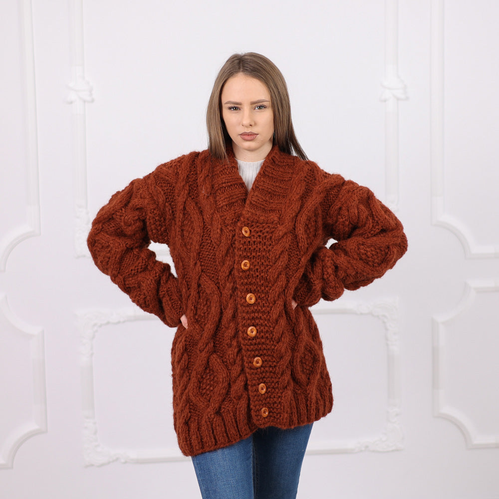 Chunky Alpaca Cable Knit Cardigan, Soft Italian Yarn, Wooden Buttons, Cozy Fit T2077
